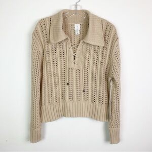 Joie Lace-up Pointelle & Cable Knit Pullover Sweater NEW
